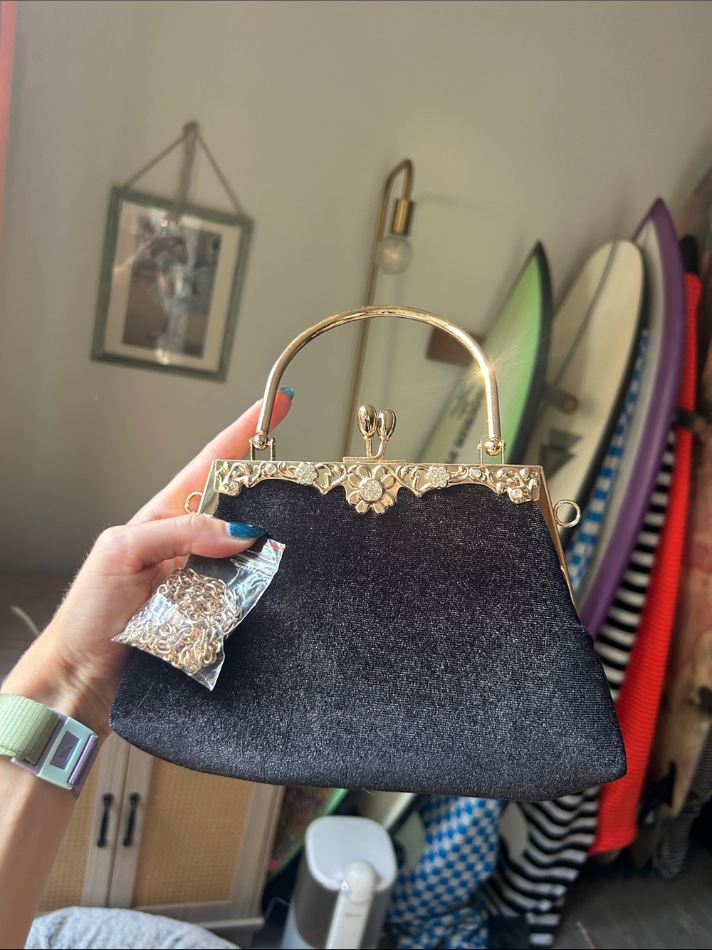 Elegant Black Velvet Evening Handbag Clutch with Crossbody Chain